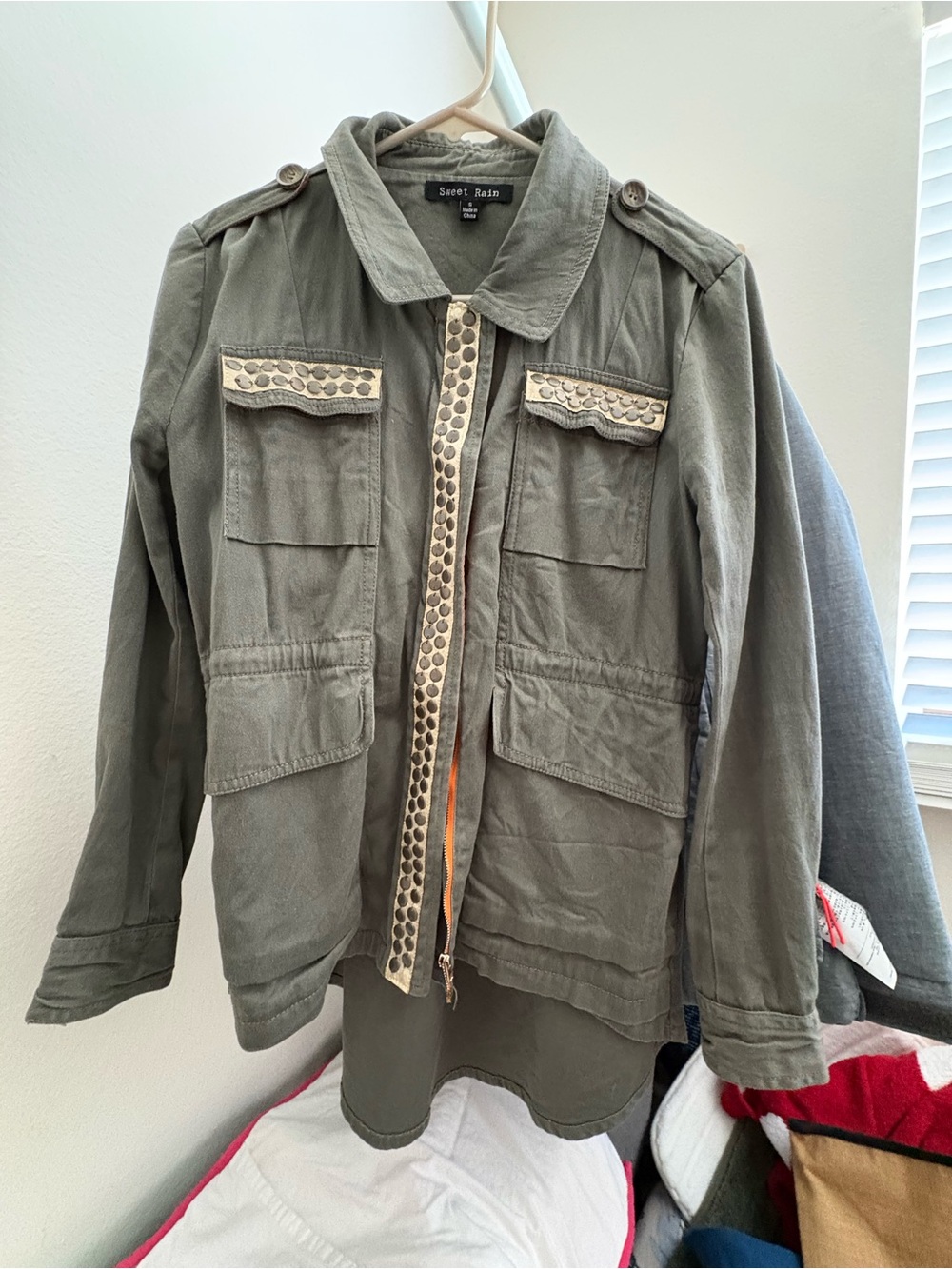 Sweet Rain Green Utility Jacket with Studded Trim